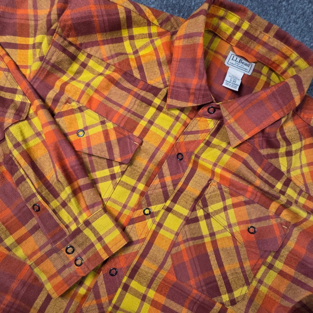 LL Bean Wool Flannel Shirt Mens XL Orange Yellow Plaid Snap Front Heavyweight